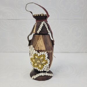 Vintage Wood Carved Ethiopian Gourd Honey Pot Decorative Handcrafted‎ Beaded